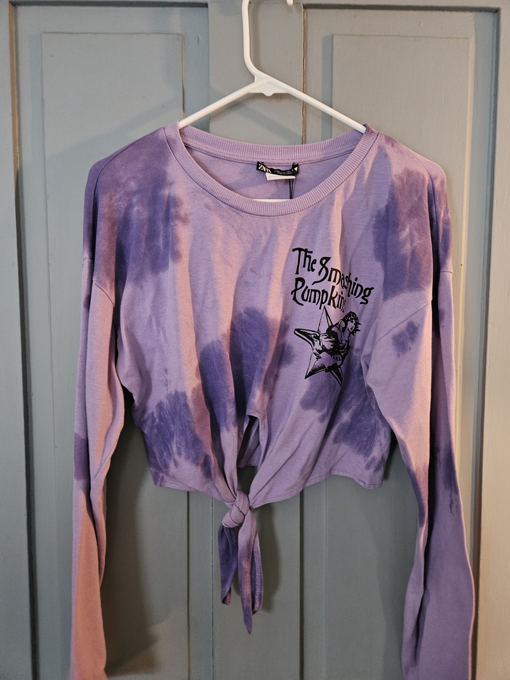 Zara Smashing Pumpins Lavender Tie-Dye Cropped Tie-Front Long Sleeve Top